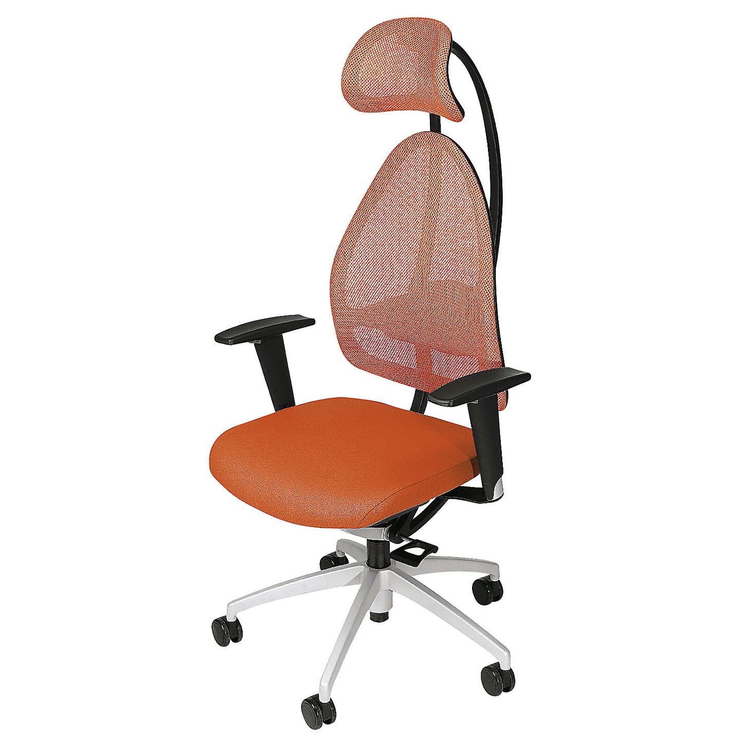 Designer office swivel chair, with head rest and mesh back rest, effective back rest height 830 mm, orange.