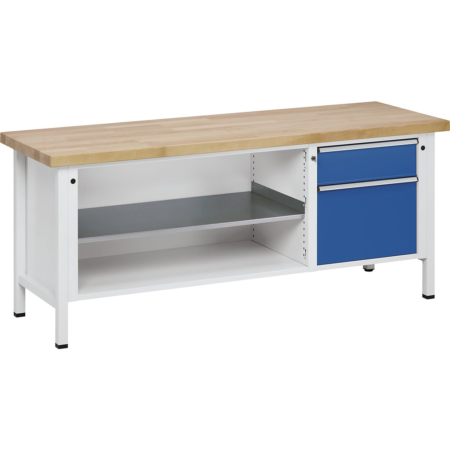 Workbench, Series V frame construction, 1 drawer 180 mm, door 360 mm, solid beech, partial extension.