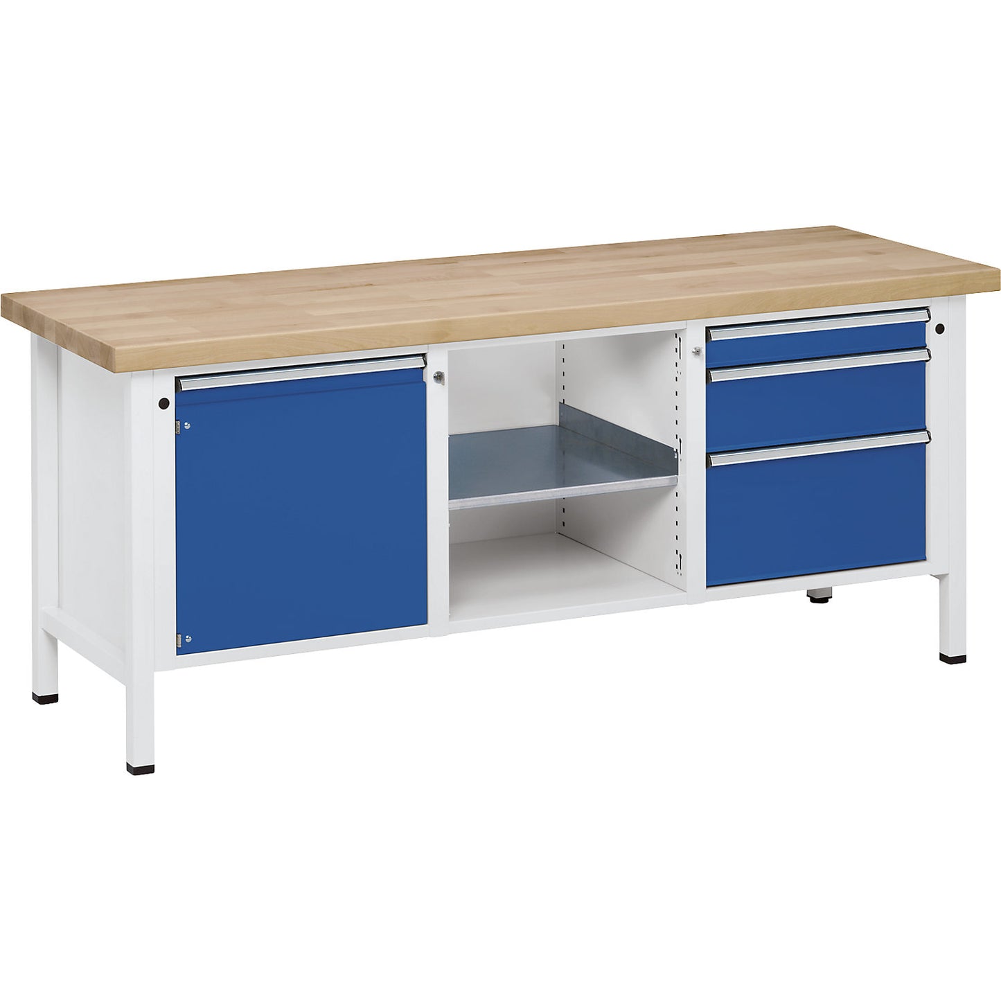 Workbench, Series V frame construction, 1 door 540 mm, 3 drawers, solid beech, full extension.