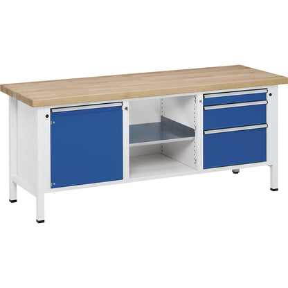 Workbench, Series V frame construction, 1 door 540 mm, 3 drawers, solid beech, full extension.