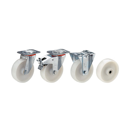 Nylon wheel, sheet steel housing, wheel Ø x width 100 x 38 mm, swivel castor with double stop, plain bearing, overall height 125 mm.