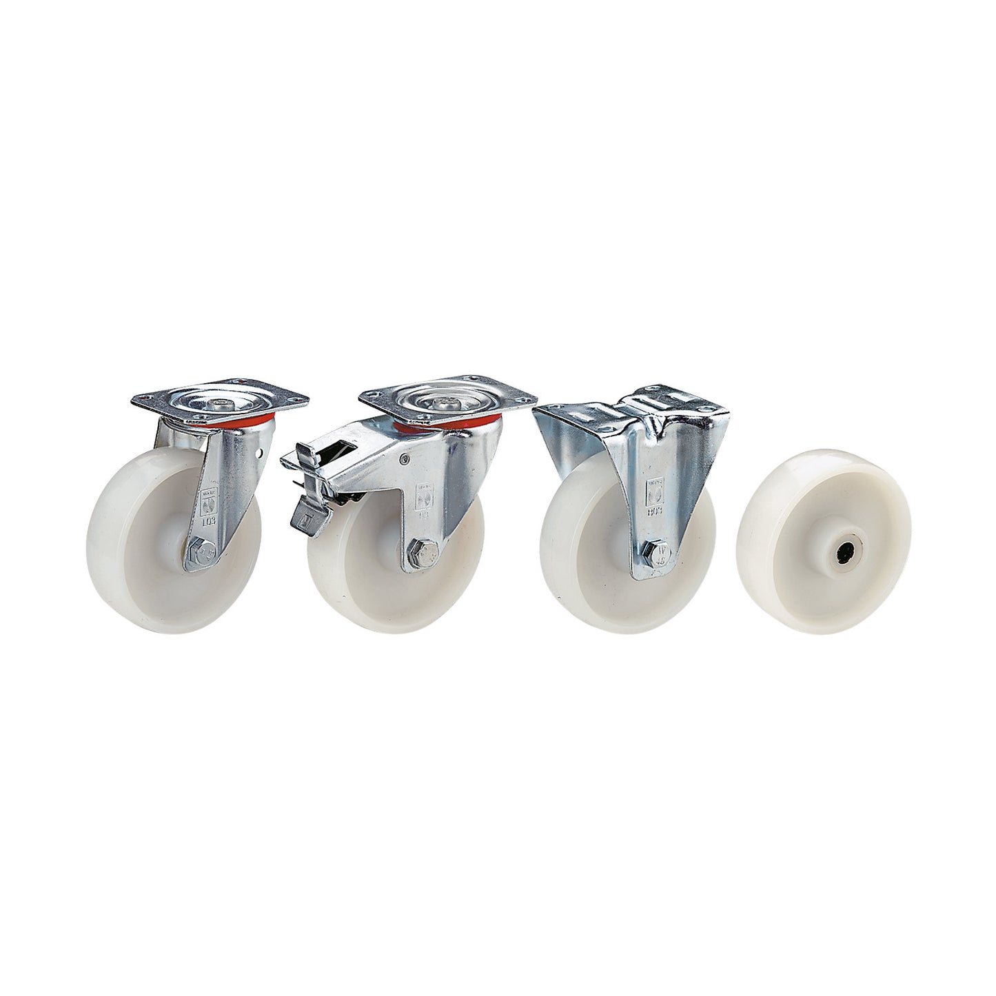 Nylon wheel, sheet steel housing, wheel Ø x width 125 x 38 mm, swivel castor with wheel stops, plain bearings.