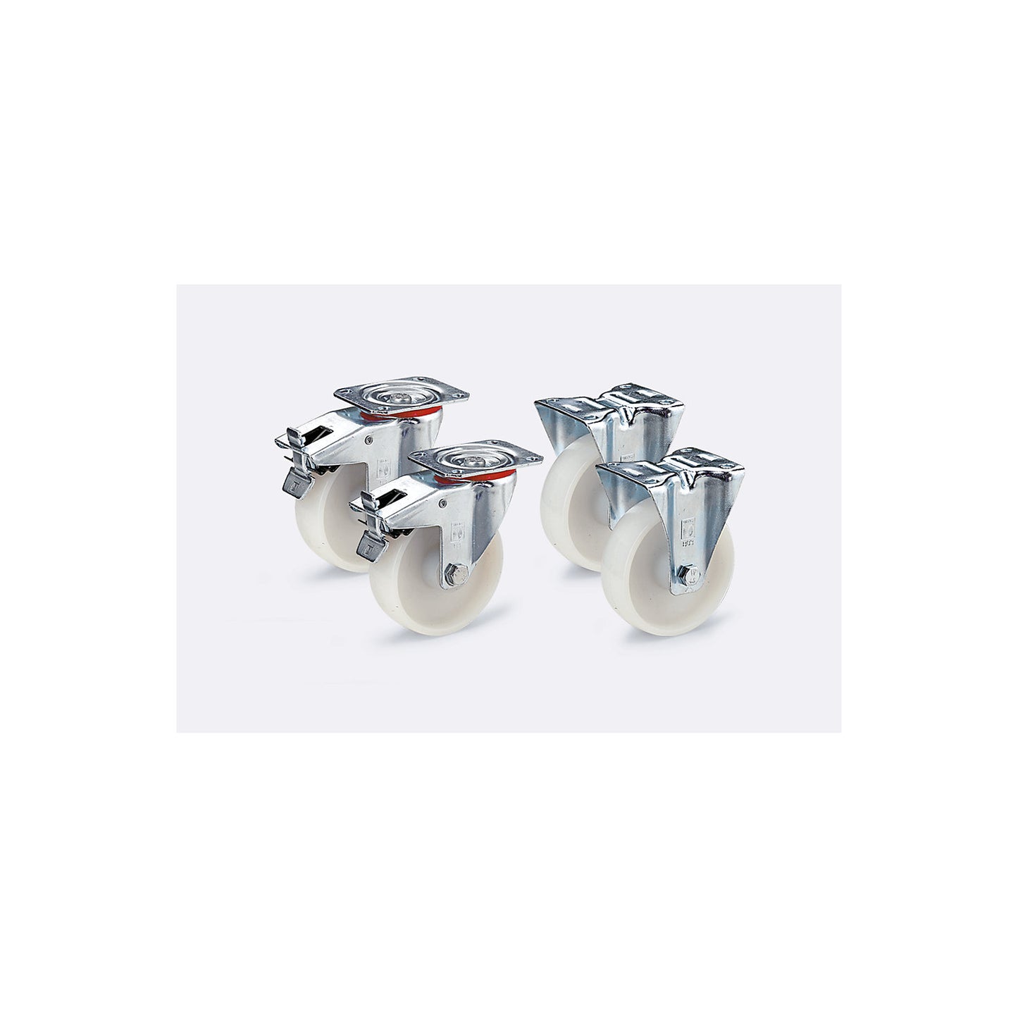 Nylon wheel, set, 2 swivel castors with double stops, 2 fixed castors, plain bearings, wheel Ø x width 80 x 35 mm.