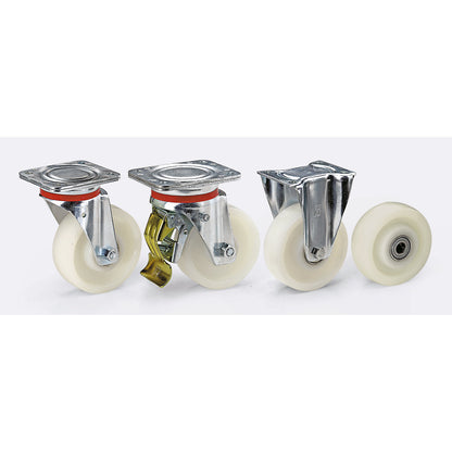 Nylon wheel, sheet steel housing, wheel Ø x width 100 x 35 mm, swivel castor, plain bearings.