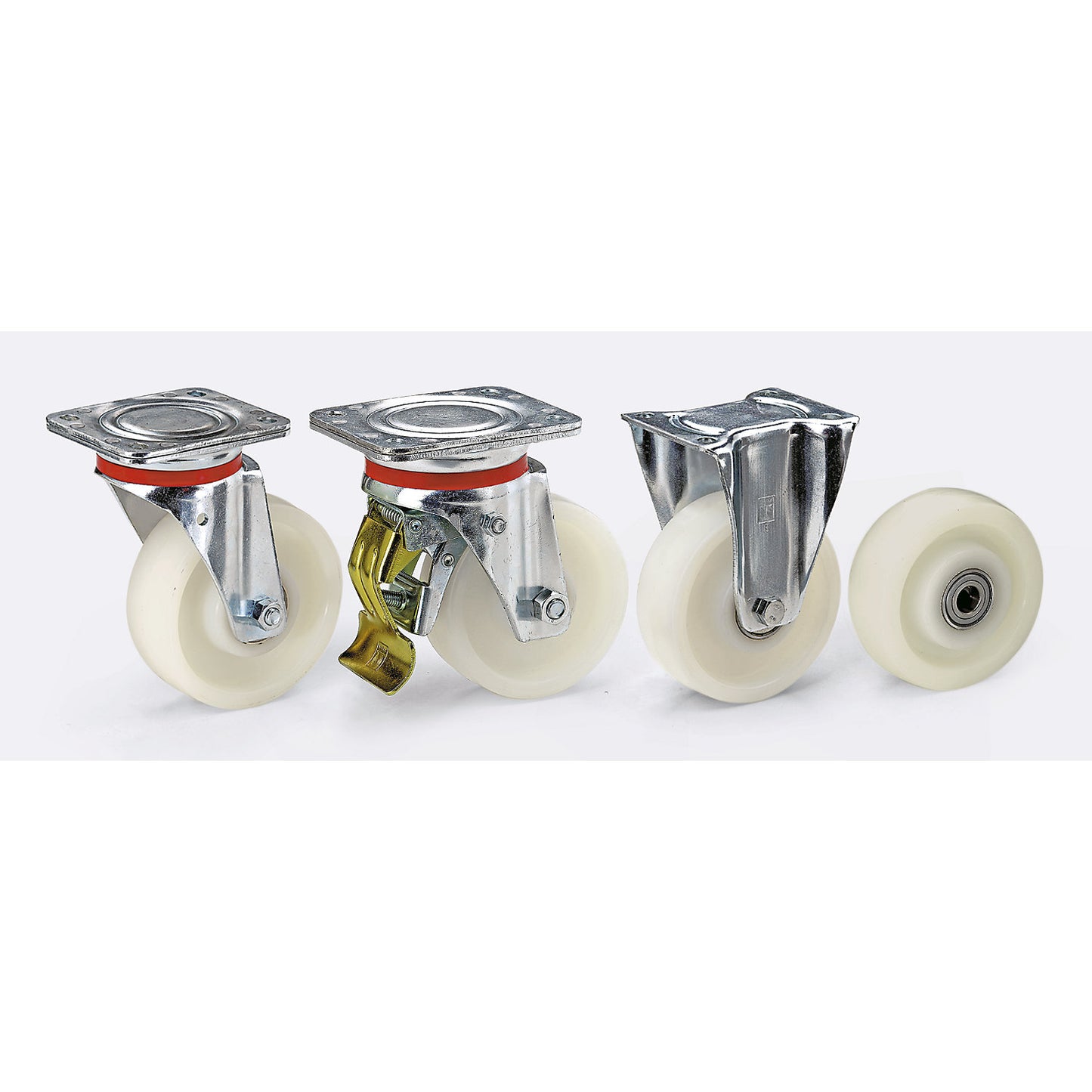Nylon wheel, sheet steel housing, wheel Ø x width 80 x 30 mm, fixed castor, plain bearing.