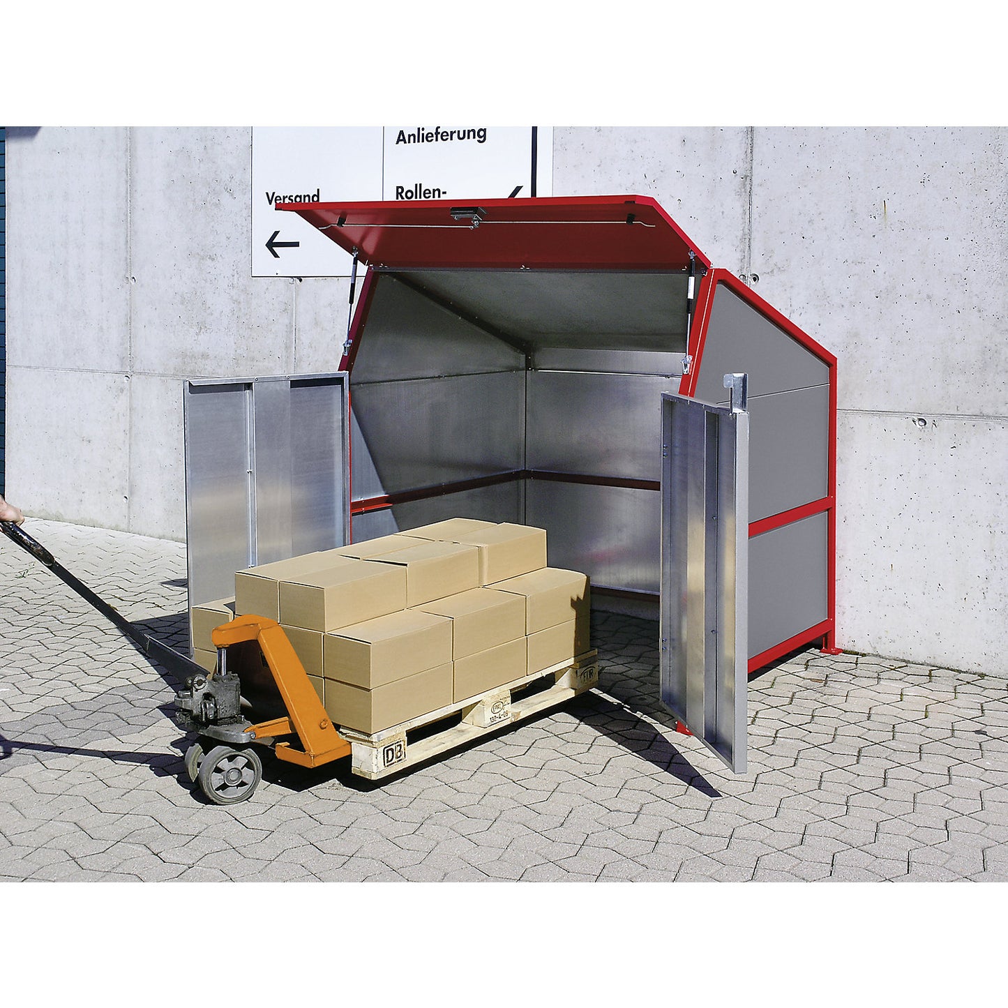 Waste bin enclosure, enclosed on 4 sides, with doors, frame in red.