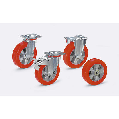 Polyurethane tyre on aluminium rim, wheel Ø x width 160 x 48 mm, swivel castor, max. load 300 kg.