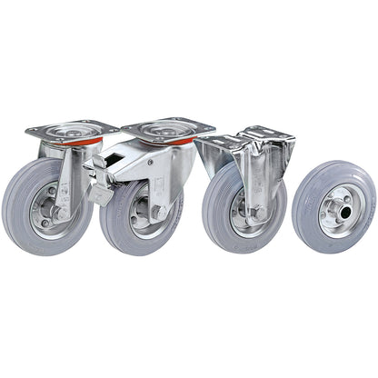 Solid rubber tyre, non-marking, wheel Ø x width 160 x 40 mm, swivel castor with wheel stops.