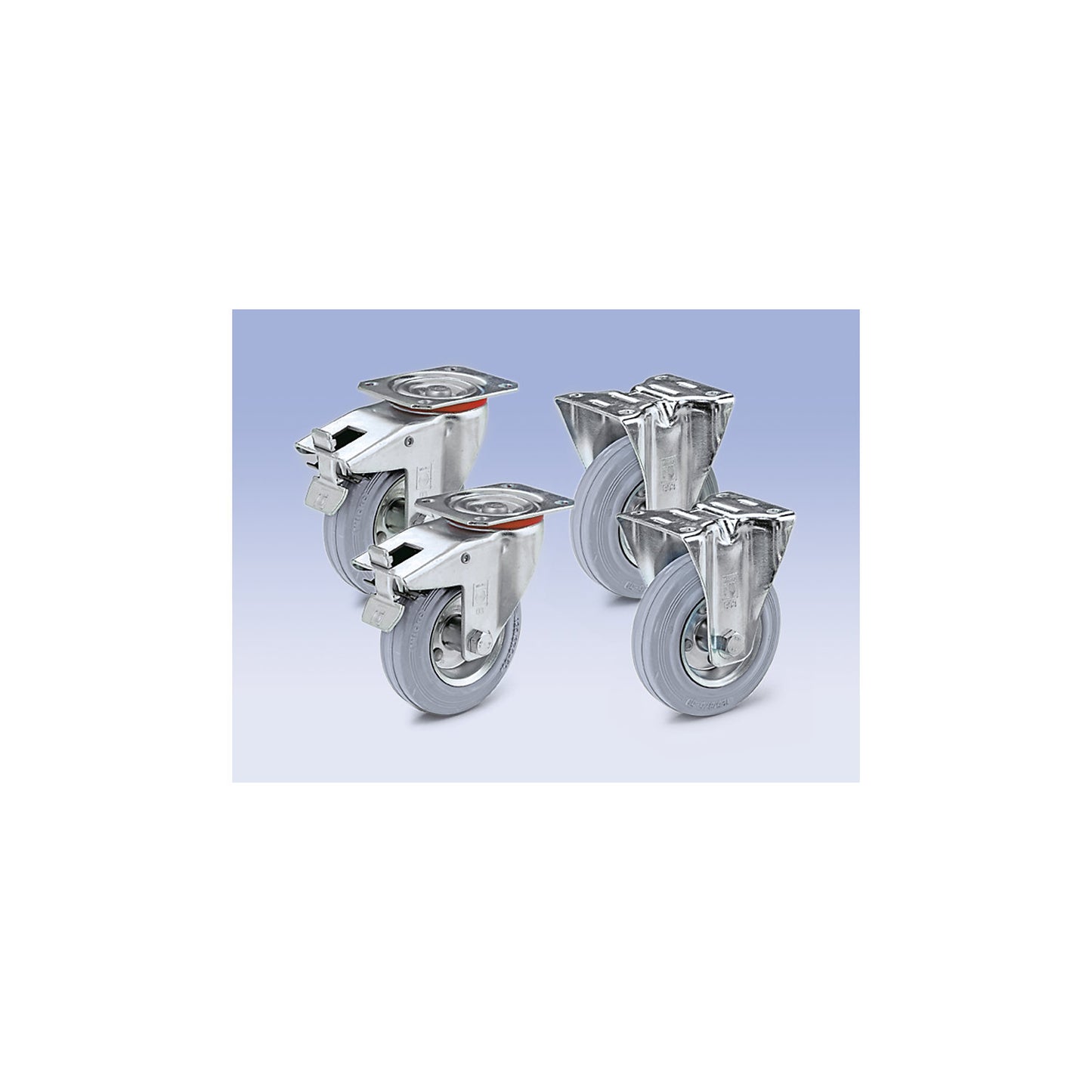 Solid rubber tyre, set offer, 2 swivel castors with wheel stops and 2 fixed castors, wheel Ø x width 125 x 38 mm.