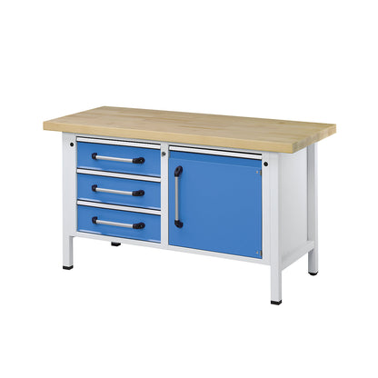Workbench, frame construction, width 1500 mm, 3 drawers, 1 door, solid beech.