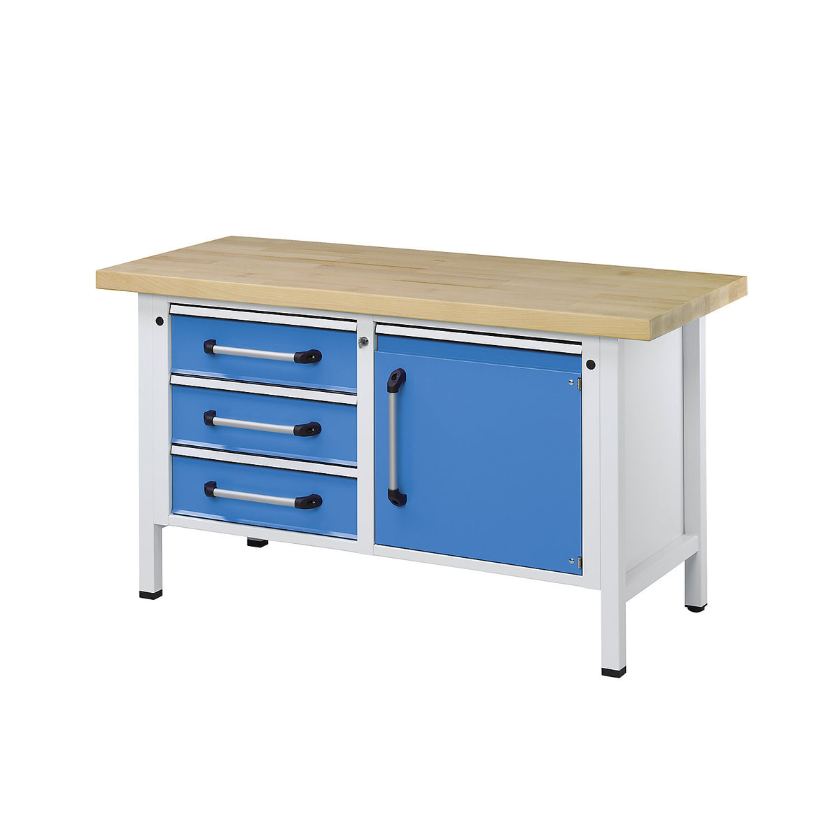 Workbench, frame construction, width 1500 mm, 3 drawers, 1 door, solid beech.