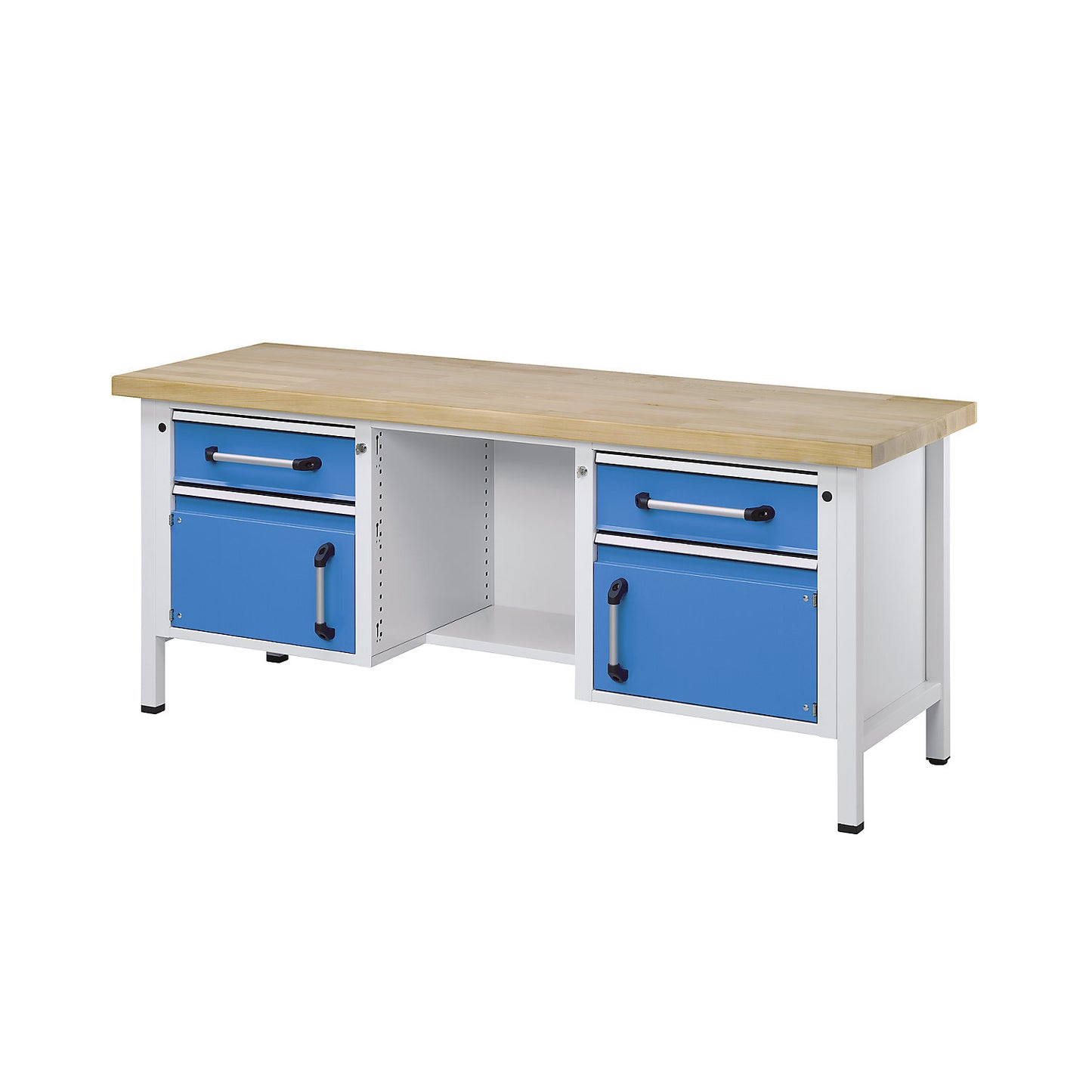 Workbench, frame construction, width 2000 mm, 2 drawers, 2 doors, universal worktop.