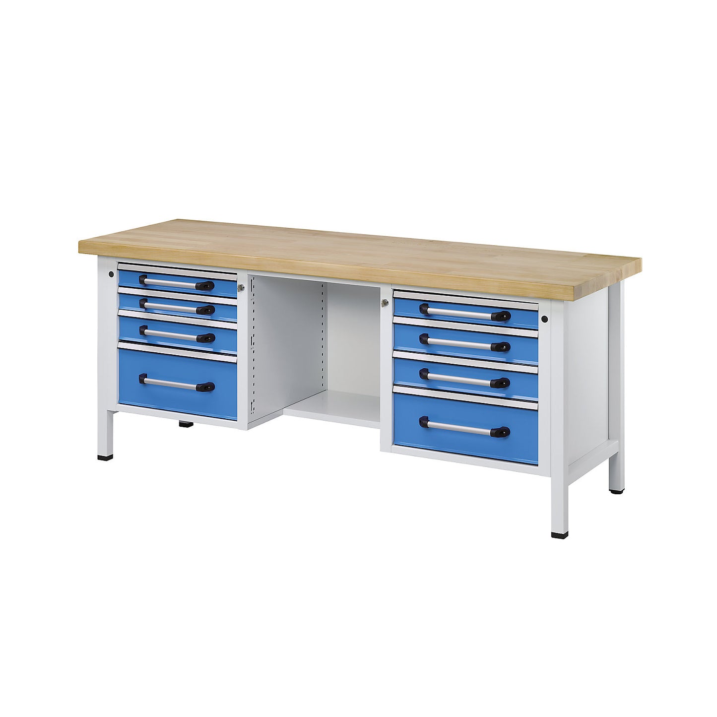 Workbench, frame construction, width 2000 mm, 8 drawers, universal worktop.
