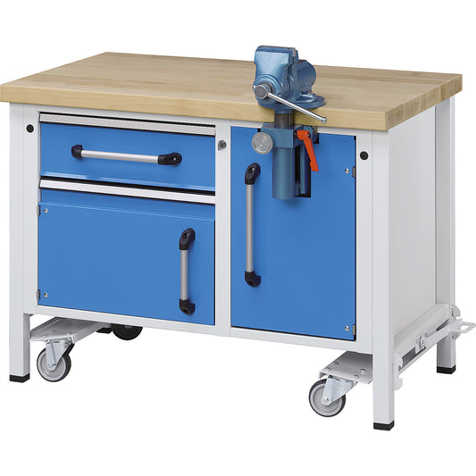 Compact workbench with lowerable chassis and vice, solid beech worktop, WxDxH 1270 x 700 x 850 mm.