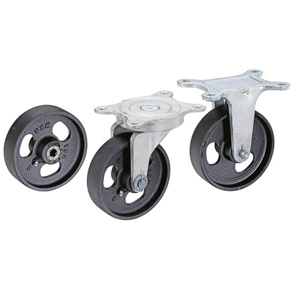 Grey cast iron wheel, annealed cast iron housing, wheel Ø x width 160 x 48 mm, swivel castor with plain bearings.