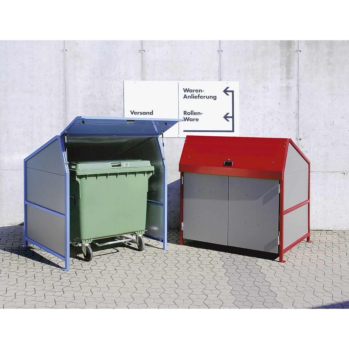 Waste bin enclosure, open version, frame in red.