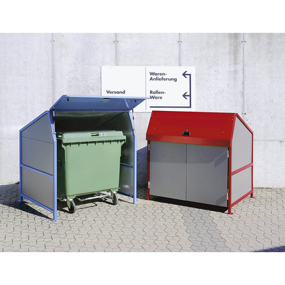 Waste bin enclosure, enclosed on 3 sides, frame in blue.