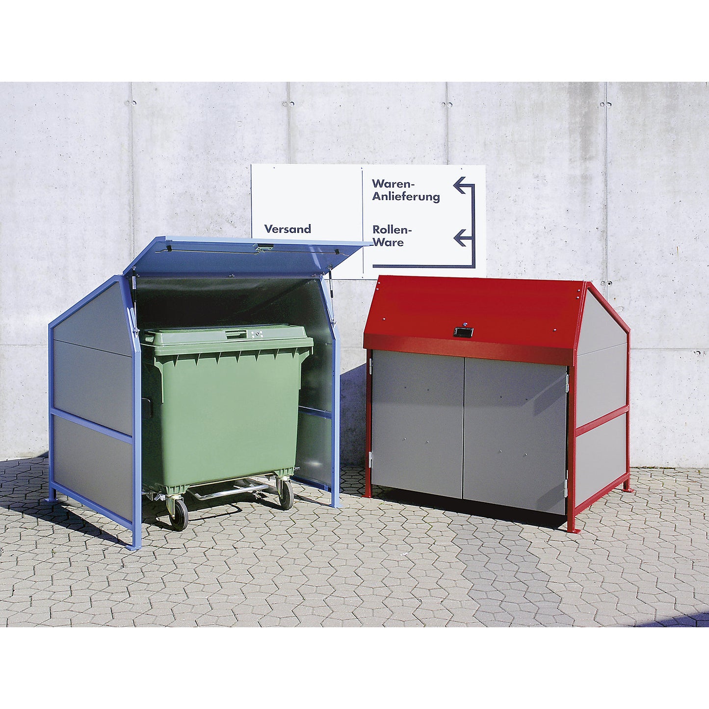 Waste bin enclosure, enclosed on 3 sides, frame in grey.