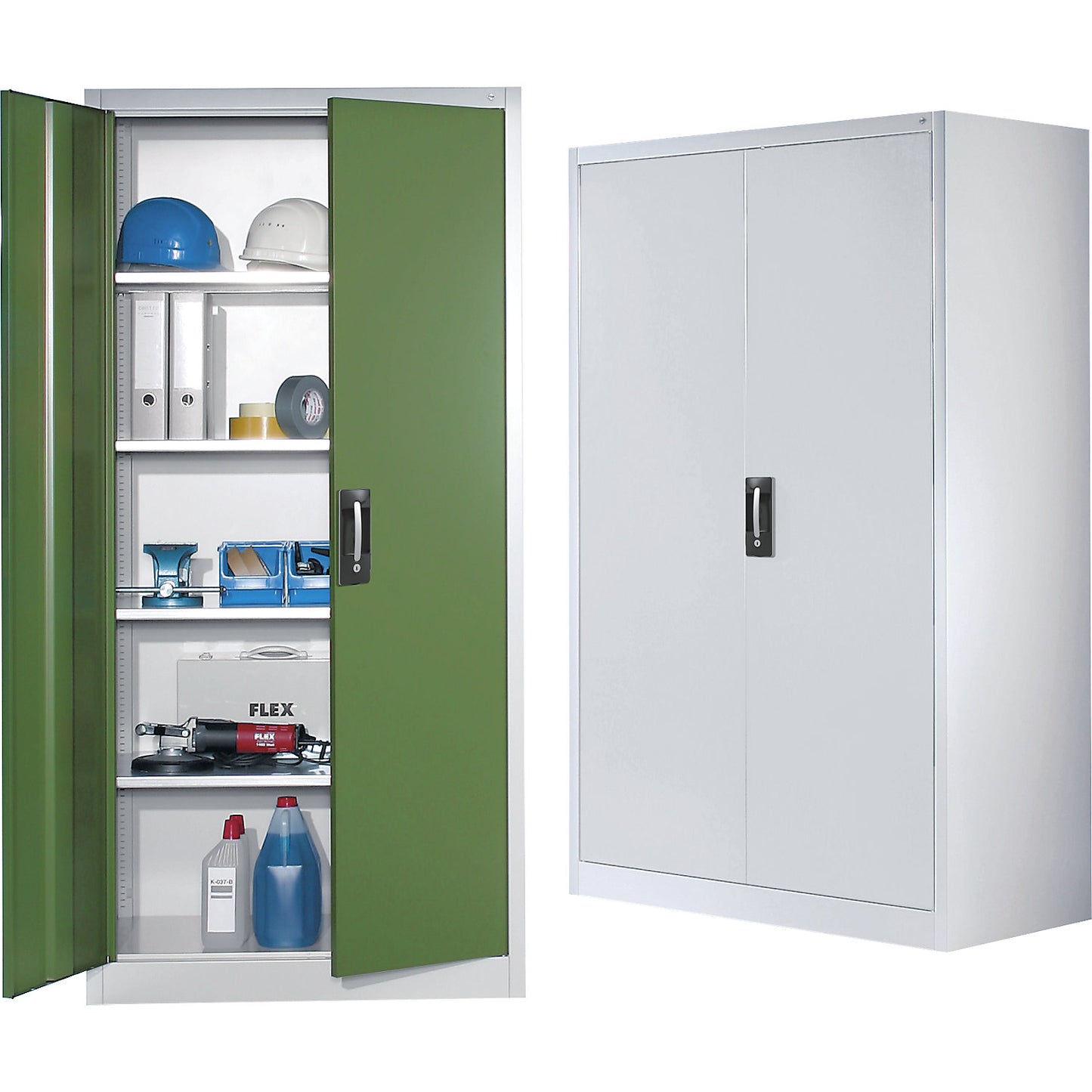 Workshop double door cupboard, HxWxD 1950 x 930 x 600 mm, light grey / charcoal.