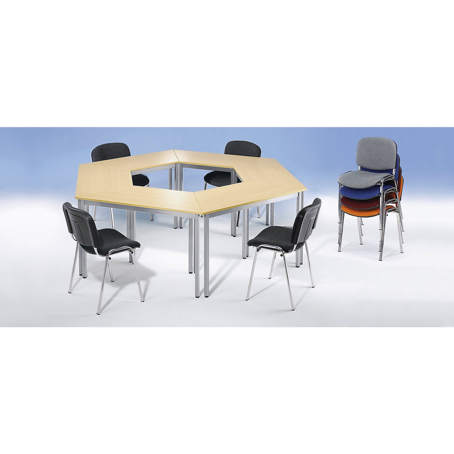 Multipurpose table, trapezoidal, HxWxD 740 x 1400 x 700 mm, black top, chrome plated frame.