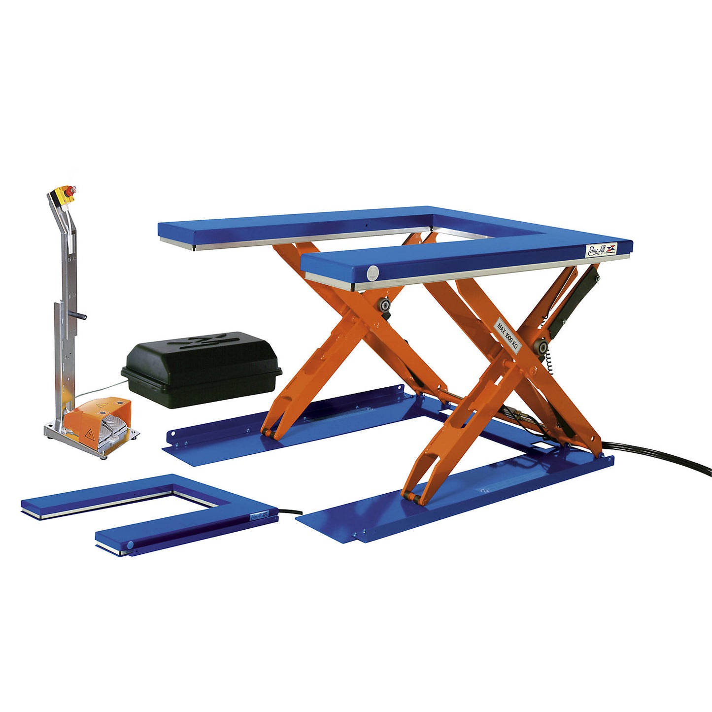 Low profile lift table, LxW 1350 x 1080 mm, lifting range up to 900 mm, U-shaped platform, 230 V, with foot operated control unit.