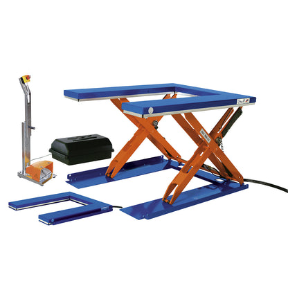 Low profile lift table, LxW 1350 x 1080 mm, lifting range up to 900 mm, U-shaped platform, 230 V, with foot operated control unit.