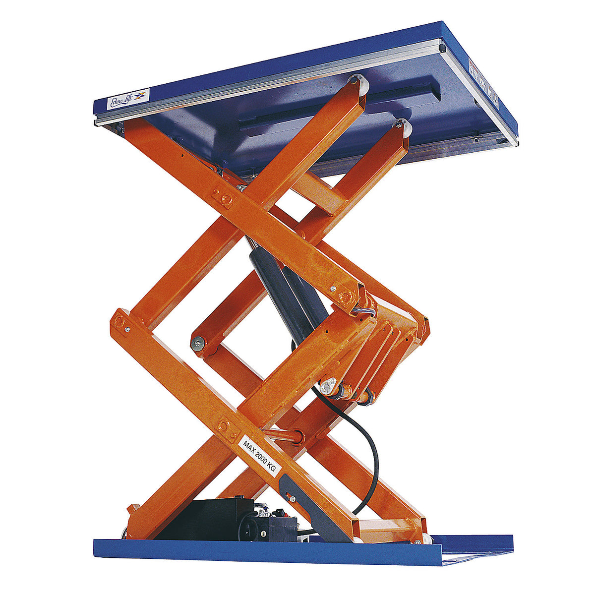 Compact lift table, max. load 2000 kg, double scissor mechanism, platform LxW 1300 x 800 mm, effective lift 1600 mm.