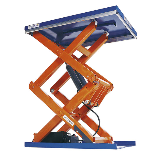 Compact lift table, max. load 2000 kg, double scissor mechanism, platform LxW 1300 x 800 mm, effective lift 1600 mm.