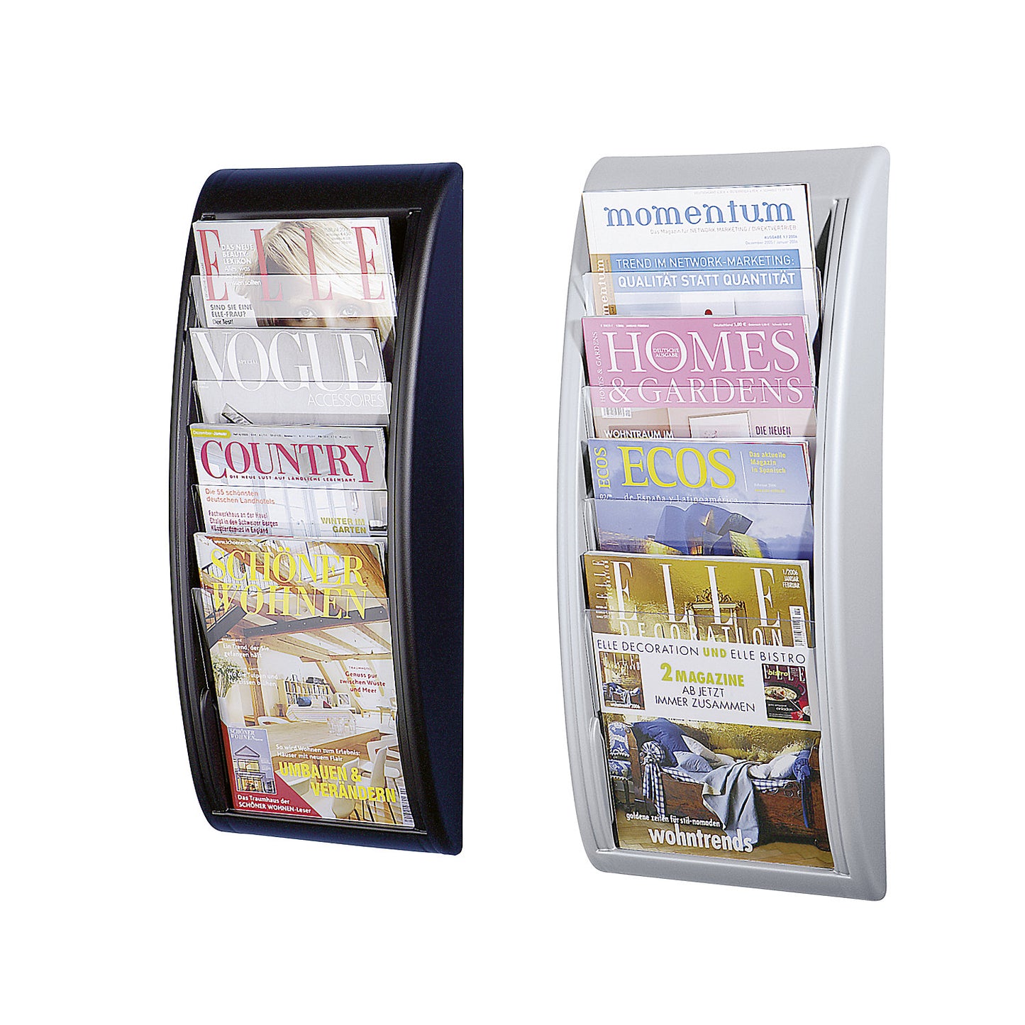 Wall mounted brochure racks, 4 compartments for A4, light grey, pack of 2.