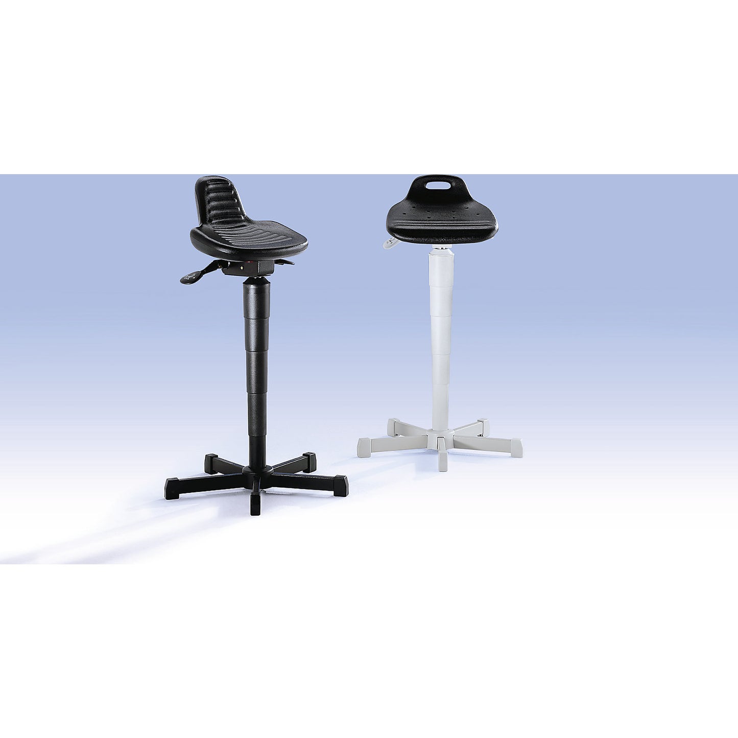 Anti-fatigue stool, with back support, height adjustment range 610 - 895 mm.