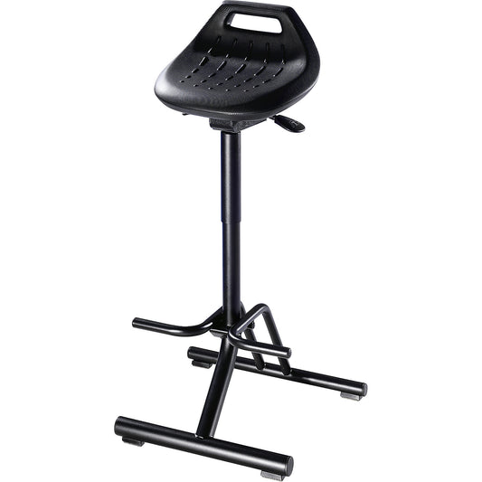 Industrial anti-fatigue stool, with folding base frame and foot rest, seat rotates through 360°.