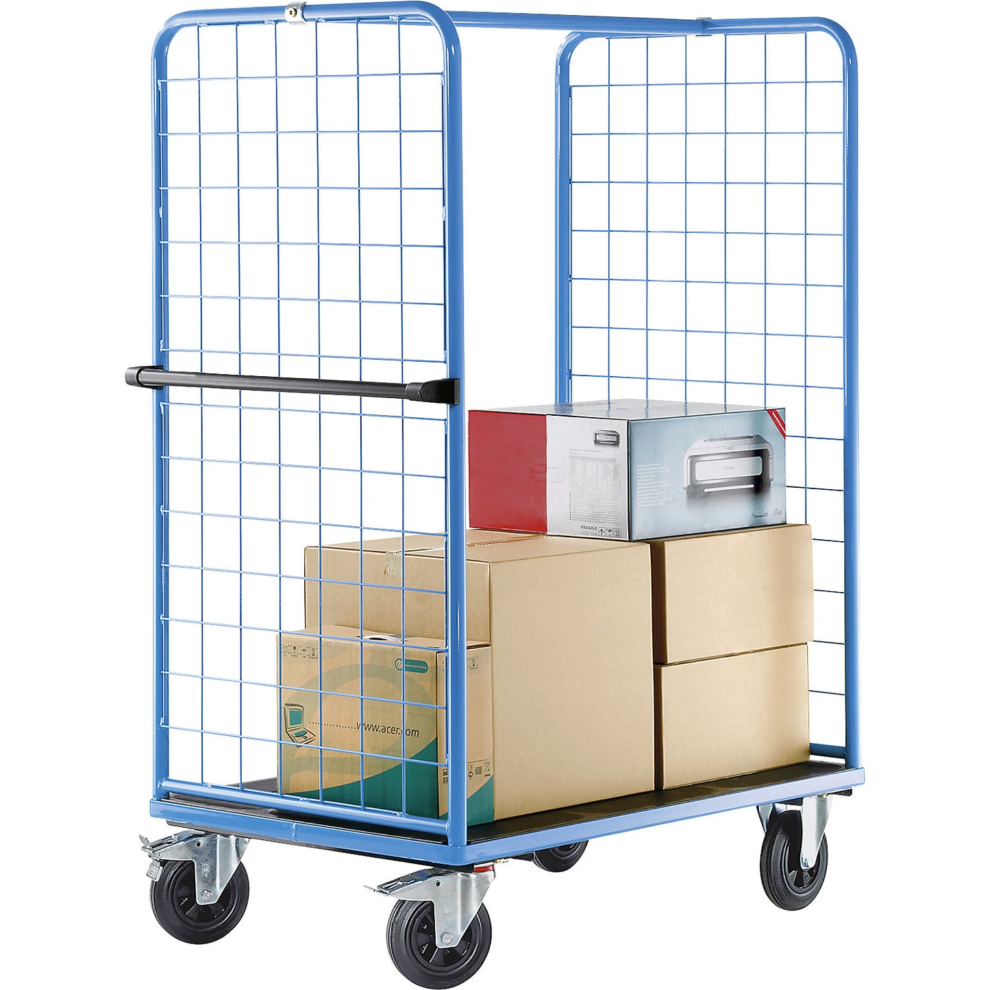 Shelf truck with mesh side panels, solid rubber tyres, platform 975 x 700 mm, 2 levels.