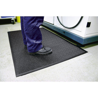 Orthomat® anti-fatigue matting, PVC with hammer tone effect, height 9 mm, 18300 x 900 mm, grey.