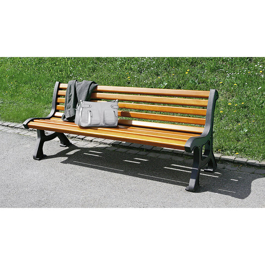 Solid wooden bench, W 2000 mm, meranti wood slats, without arm rests.