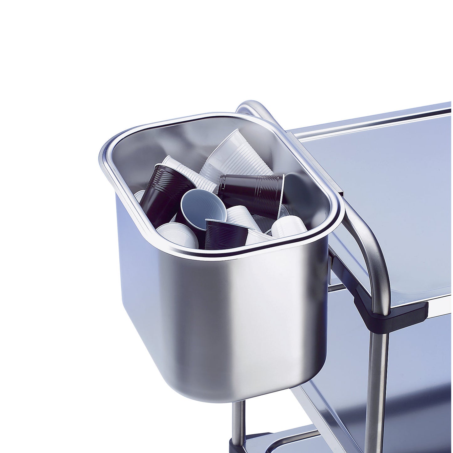 Waste container made of chrome nickel steel, to hang on push handle of table trolley, capacity 21 l.