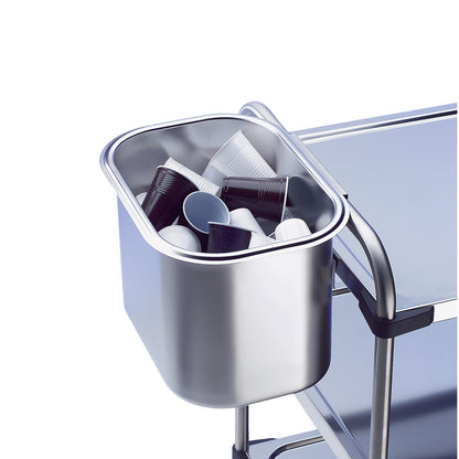 Waste container made of chrome nickel steel, to hang on push handle of table trolley, capacity 21 l.