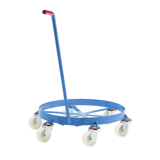 Drum dolly, open frame, max. load 450 kg, 6 swivel castors.