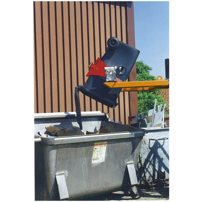 Drum tipper, for forklift and crane operation, with hand crank, painted yellow orange.