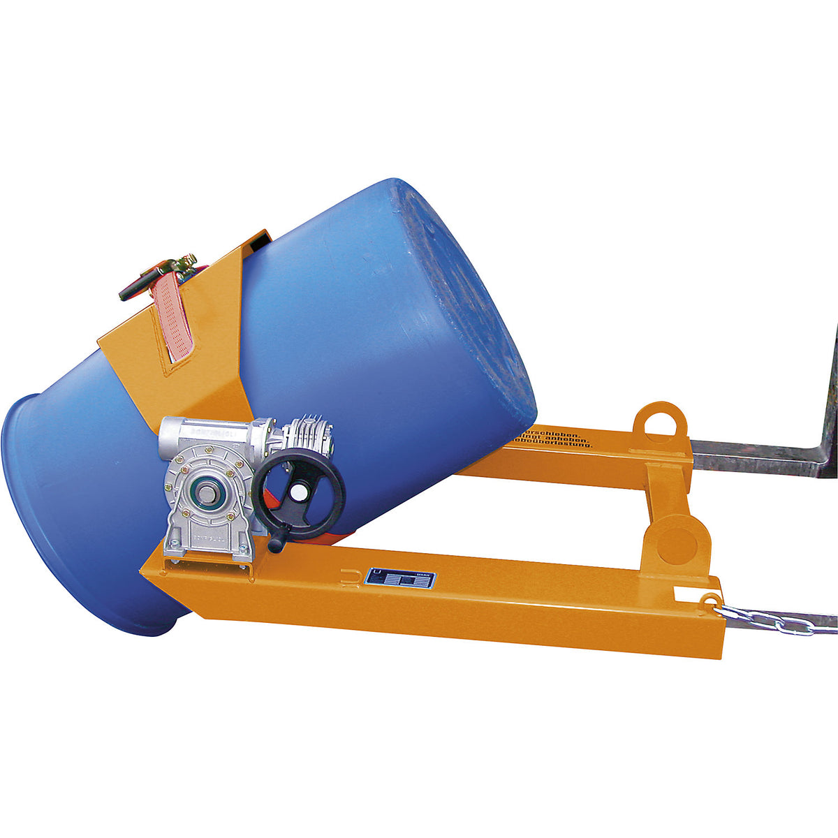 Drum tipper, for forklift and crane operation, with hand crank, painted yellow orange.
