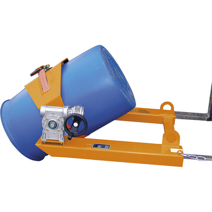 Drum tipper, for forklift and crane operation, with hand crank, painted yellow orange.