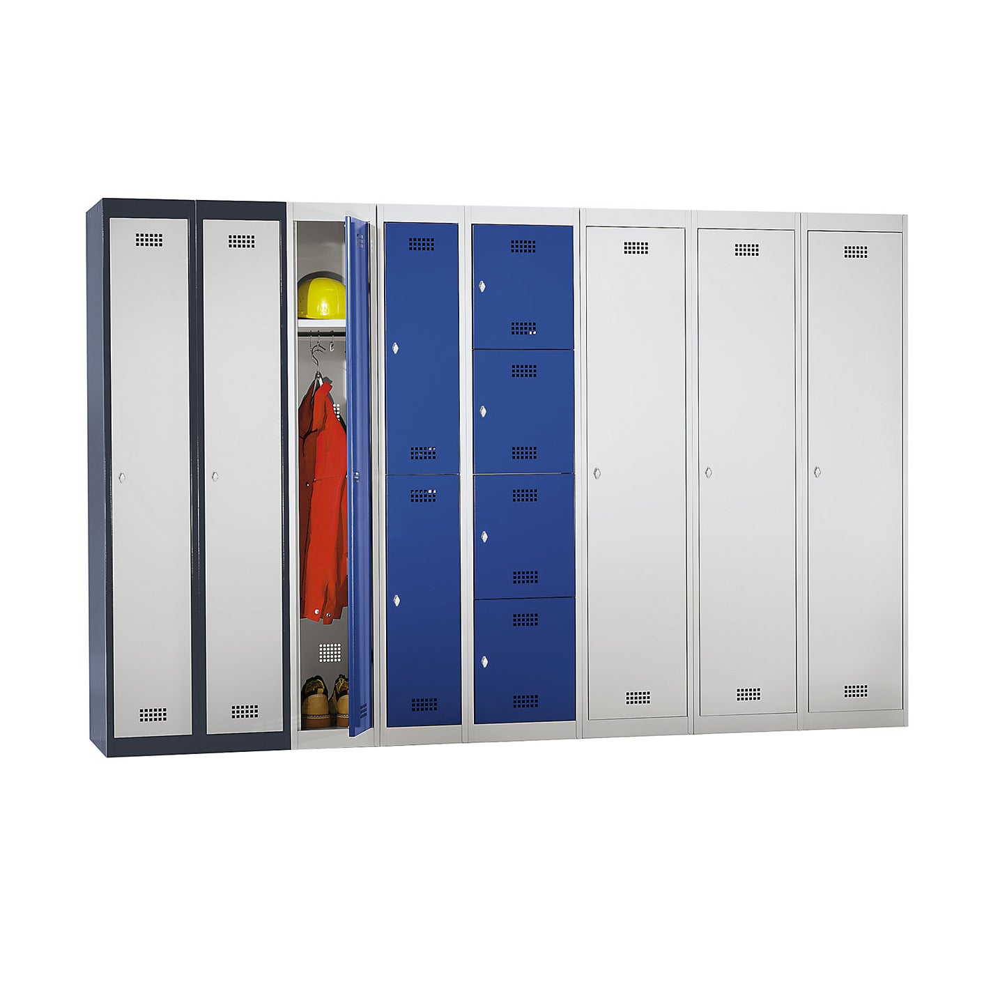 Hamburg 4-fold compartment locker, 1 compartment, 4 compartments, height 410 mm, width 300 mm, standard unit, light grey / gentian blue.
