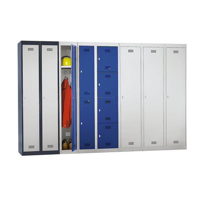 Hamburg 5-fold compartment locker, 1 compartment, 5 compartments, height 320 mm, width 300 mm, standard element, light grey / gentian blue.
