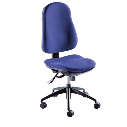Ergonomic swivel chair, point synchronous mechanism, without arm rests, blue covering.