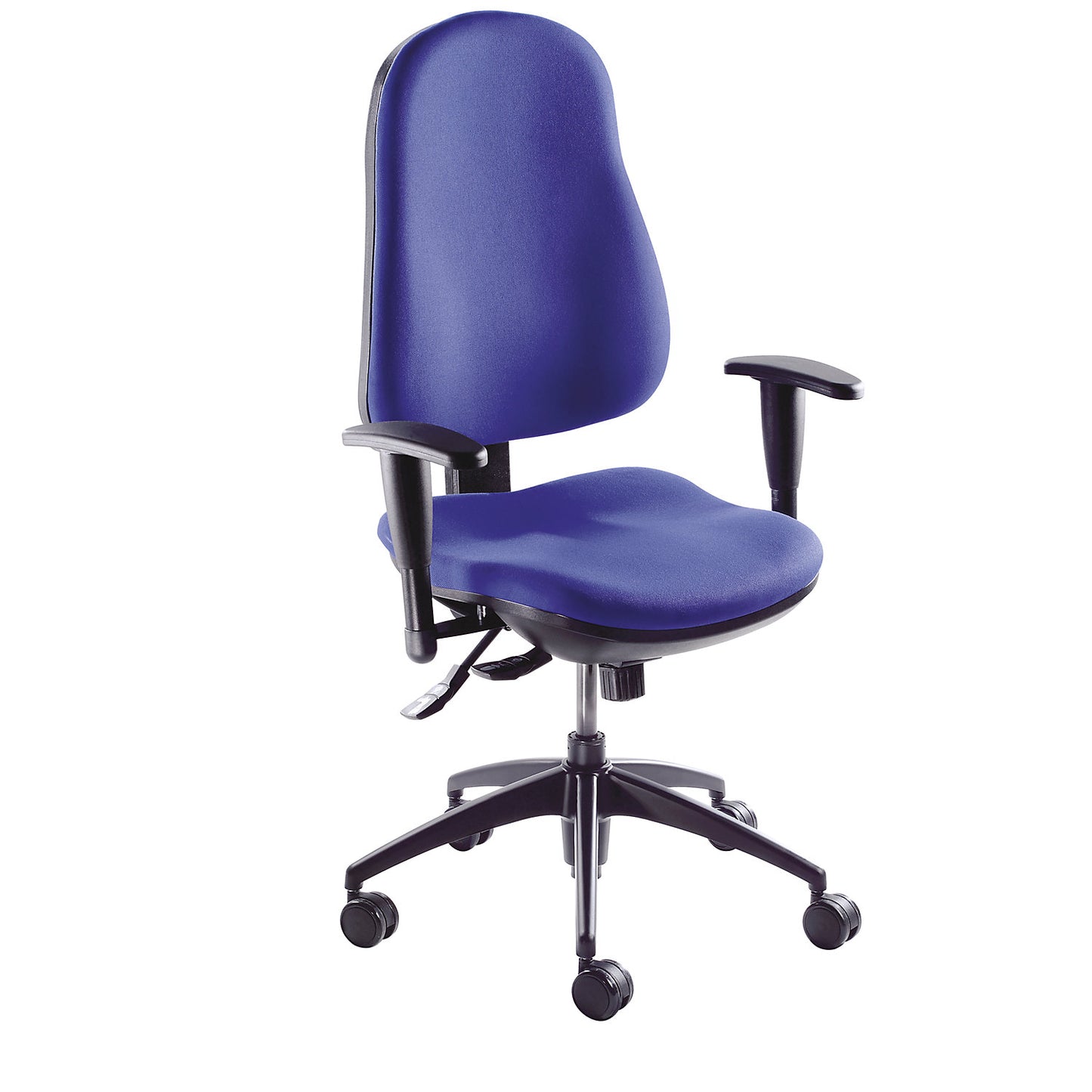 Ergonomic swivel chair, point synchronous mechanism, without arm rests, blue covering.