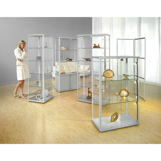 Designer glass cabinet, rectangular model, HxWxD 1800 x 820 x 420 mm, with LED lighting.
