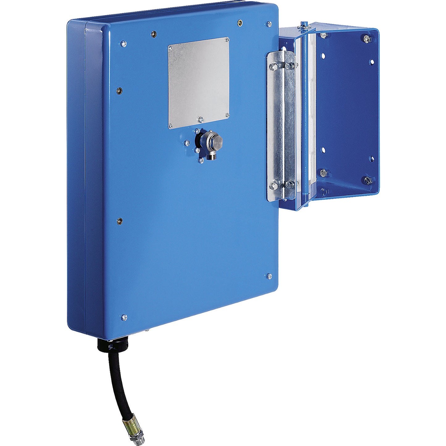 Hose reel for air, water, oil, with sheet steel housing, hose length 15 m.