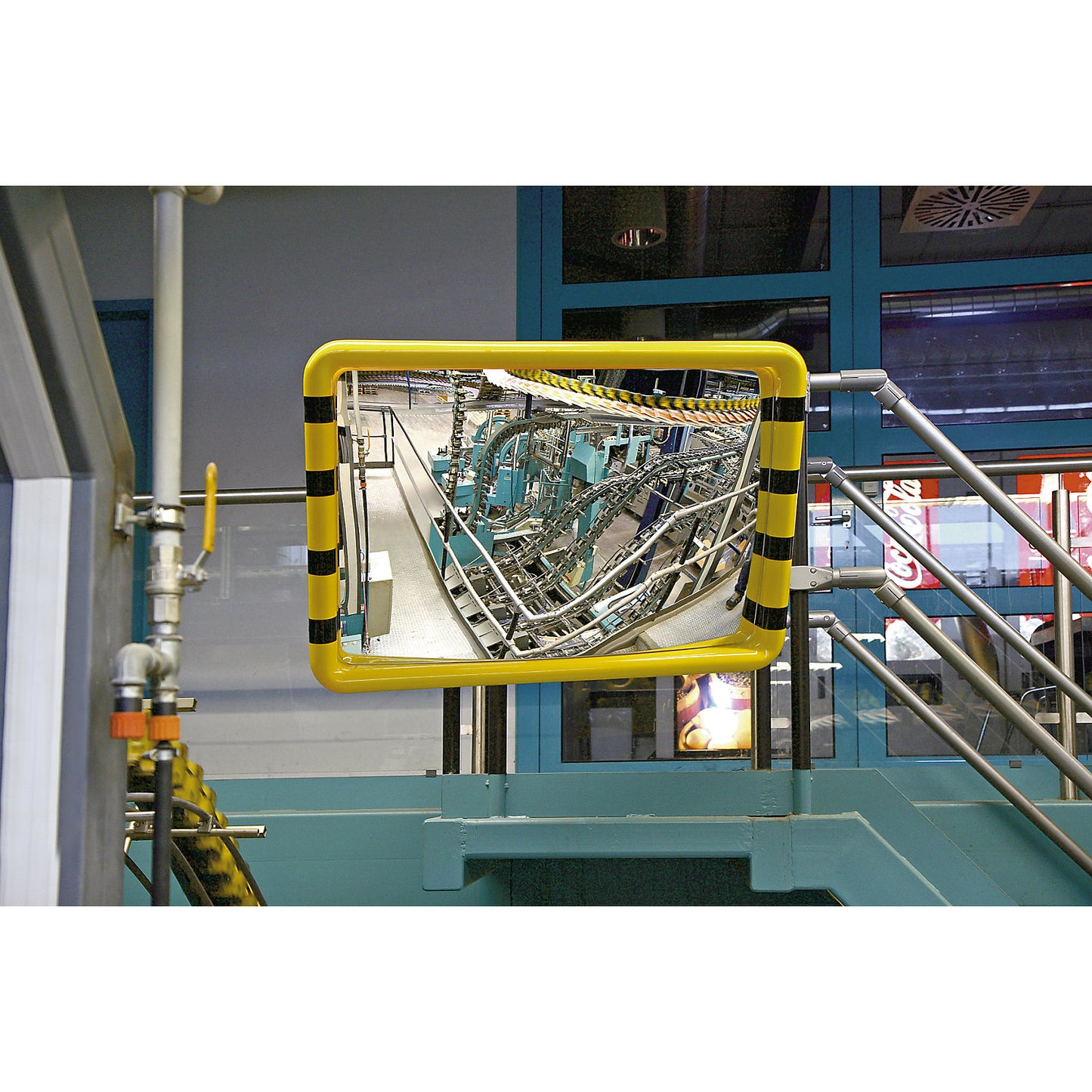Observation mirror, frame with yellow/black warning stripes, WxH 500 x 300 mm.