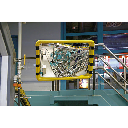 Observation mirror, frame with yellow/black warning stripes, WxH 500 x 300 mm.