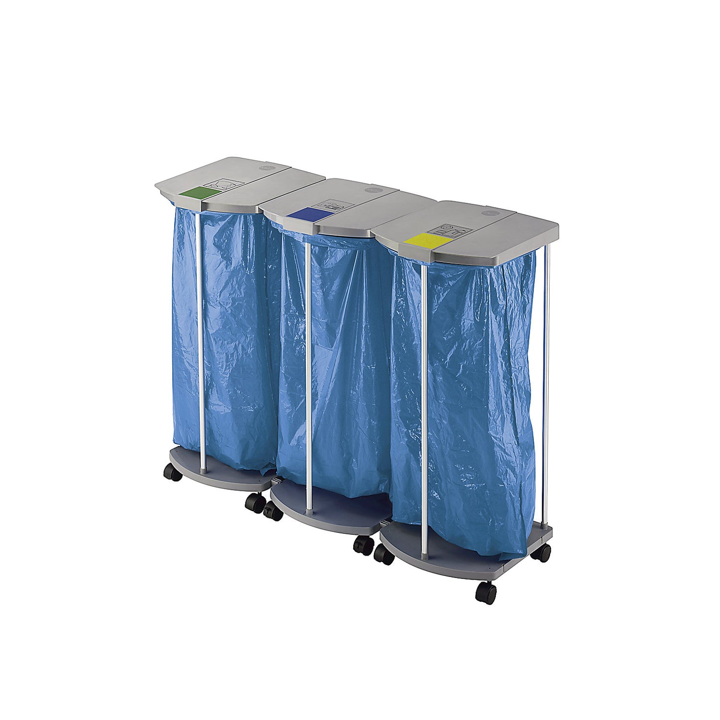 Waste sack stand with 250 blue recycling sacks, ProfiLine MSS XXXL, 3 x 120 l, HxWxD 1000 x 1330 x 450 mm, mobile.