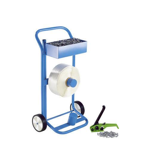Strapping set, woven reinforced PET strapping, tensioning tool, mobile strap dispenser, strap, metal buckles, strap width 19 mm.
